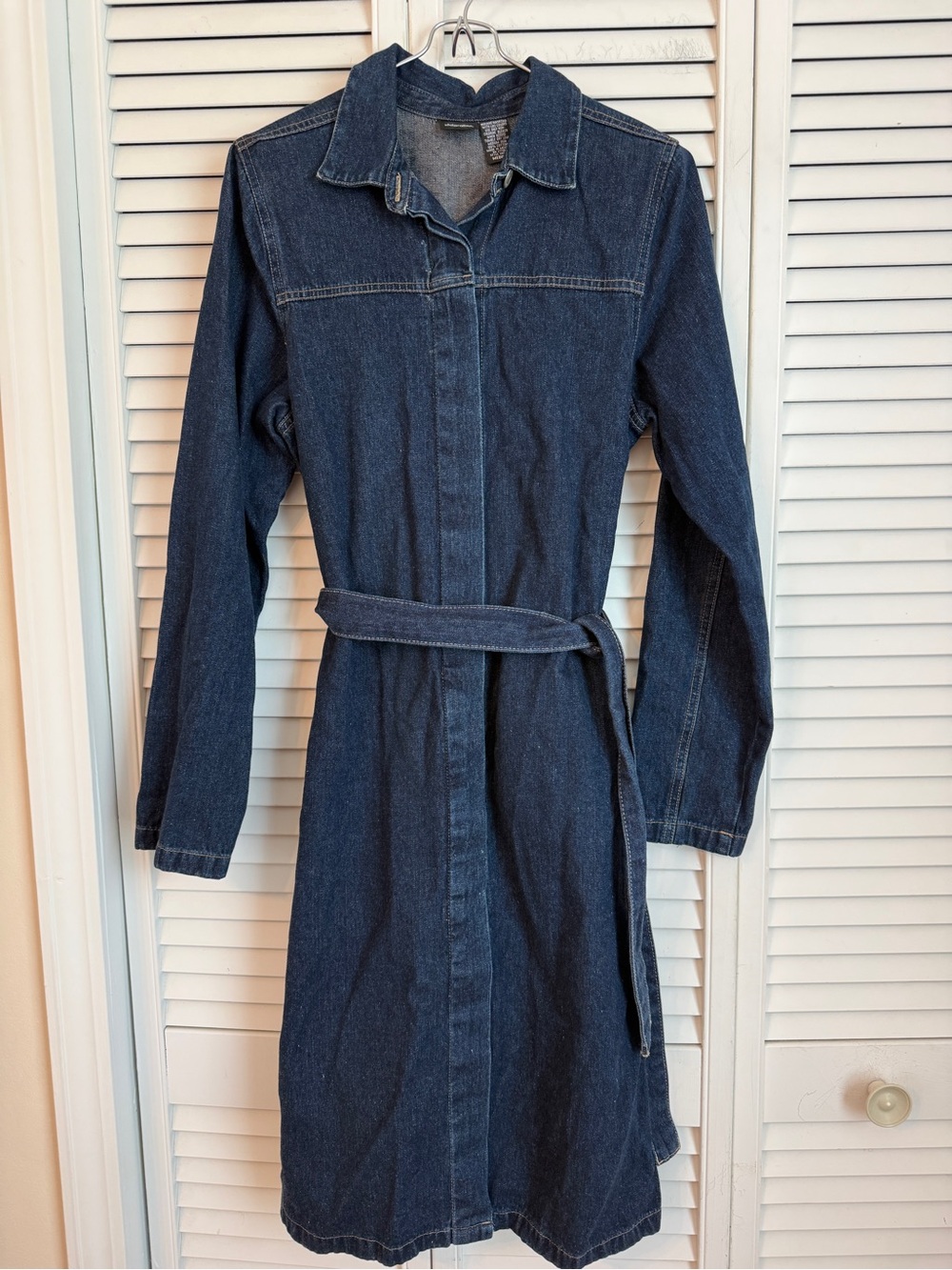 VTG Y2K Womens Dark Denim Long Sleeve Midi Dress Belted Pockets Collar Western